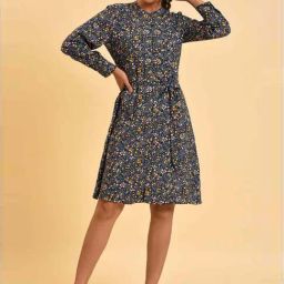 W Blue Printed A-Line Dress-image-64