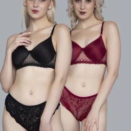 FIMS Black & Maroon Lace Work Bra Panty Sets - Pack Of 2-18