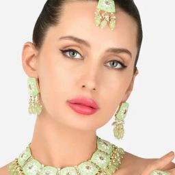 Zaveri Pearls Green & Pink Meenakari Kundan Necklace, Earring, Maangtikka & Ring Set-ZPFK12131-13