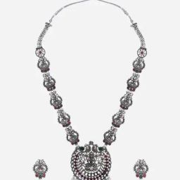 Fida Ethnic Temple Oxidized Silver-Plated White Pearl Necklace Set for Women-18