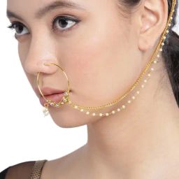 Zaveri Pearls Green Pink Set of 2 Enamelling kundan With Chain Link Bridal Hoop Nose Ring-ZPFK9587-image-44