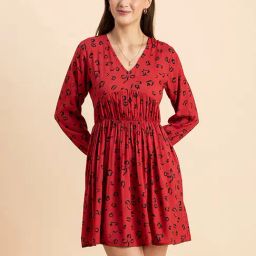 Moomaya Red & Black Animal Print Fit & Flare Dress-image-54