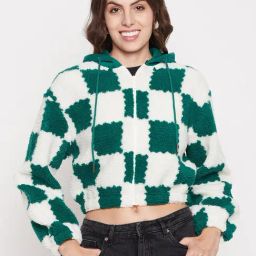 MADAME Green & White Checks Crop Hoodie-image-85