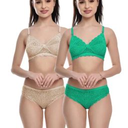 FIMS Green & Beige Lace Work Bra Panty Sets - Pack Of 2-image-63