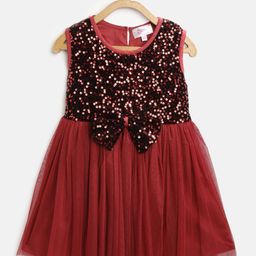 Bella Moda Girls Maroon Sequined Net Fit and Flare Dress with Bow Detail-picture-15