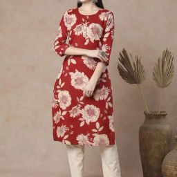 Fashor Red Cotton Straight Fit Floral Print Kurta-image-7