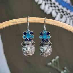 NAMAN ARTS Silver-Plated Oxidised Artificial Stones Studded Contemporary Drop Earrings-image-81
