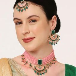 Oomph Meenakari Ethnic Pink Necklace, Earring & Maangtikka Set-image-31