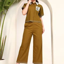 DEEBACO Embroidered Cotton Shirt Collar Shirt With Trousers Co-Ords-image-83