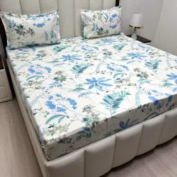 Pure Decor Royal Velar White & Blue Floral 350 TC King Bedsheet Set 2.74 m x 2.74 m-picture-24