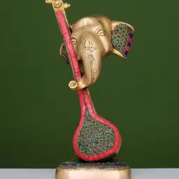 Ekaa Handicrafts Gold Brass Lord Ganesha with Veena with Stonework-picture-1