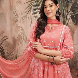 Sangria Women Floral Printed Pleated Pure Cotton Kurta with Trousers & Dupatta-40