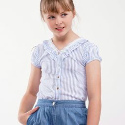 Primo Gino Puff Sleeves Stripe Top - Sky Blue White-image-5