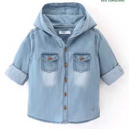 Babyoye 100% Cotton Full Sleeves Solid Washed Denim Dyed Hooded Shirt - Blue-image-77