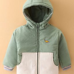 Little Kangaroos Droop Shoulder Winter Wear Padded Hooded Jacket Dino Patch - White & Green-image-17