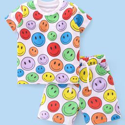 Babyhug Cotton Knit Half Sleeves Night Suit With Smiley Print - White-image-61