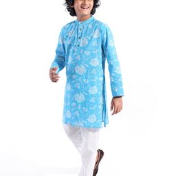 Pine Kids 100% Cotton Woven Full Sleeves Kurta Pyjama Set Floral Print - Blue-image-53
