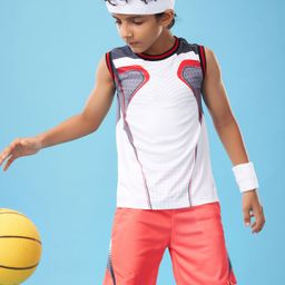 Pine Active Knit Sleeveless Color Block T-Shirt & Shorts Set - White & Red-image-66