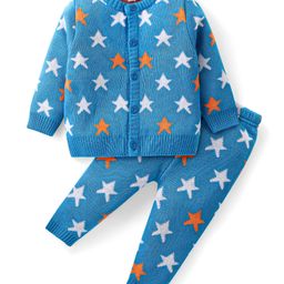 Babyhug Knit Full Sleeves Sweater Set with Star Design - Blue-image-37