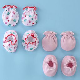 Ben Benny 100% Cotton Knit Mitten & Booties Set Solid & Sea Horse Print Pack of 2- Pink & White-12