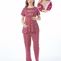 Bella Mama Cotton Knit Short Sleeves Nursing Night Suit Floral Print- Wine-image-79