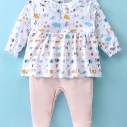 Cucumber Cotton Knit Full Sleeves Footed Romper With Frill Detail &Animals Print - Off White-image-56