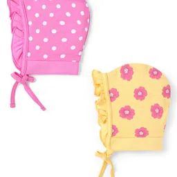 Babyhug 100% Cotton Caps With Floral & Polka Dots Print Pack Of 2 - Mustard & Pink-picture-49