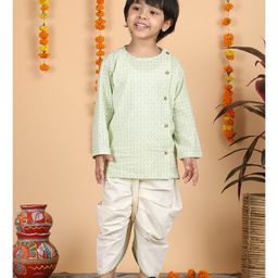 Polka Tots Cotton Full Sleeves Traditional Printed Kurta With Dhoti - Green-image-41
