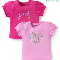 Babyoye Eco Conscious 100% Cotton Knit Half Puffed Sleeves Eco Jiva Finish T-Shirts with Hearts Butterfly & Floral Print Pack of 2 - Dark & Light Pink-image-23