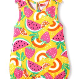 Babyhug 100% Cotton Knit Sleeveless Romper with Fruits Print & Bow Applique - Yellow-image-36