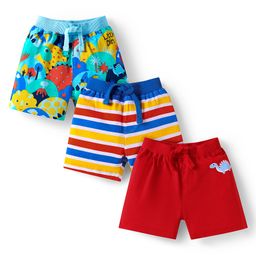 Babyhug Single Jersey Knit Shorts with Stripes & Dino Print of 3 - Blue & Red-image-86