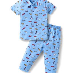 Doodle Poodle 100% Cotton Knit Half Sleeves Front Open Co-Ord Night Suit with Skate Print - Blue-picture-34