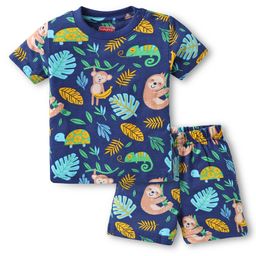 Babyhug Cotton Knit Half Sleeves Shorts Night Suit With Animal Print - Navy Blue-image-96