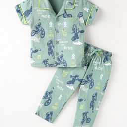 Doreme Single Jersey Knit Half Sleeves Co-ords Night Suit with Bicycle Print - Teal Green-image-53