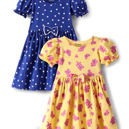 Honeyhap Premium Cotton Knit Half Puffed Sleeves Floral & Hearts Printed Bio Finish Frocks with Bow Applique Pack of 2 - Lemon Zest & Blue-12