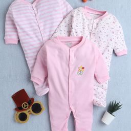 BUMZEE Cotton Knit Full Sleeves Footed Sleep Suits with Floral Print & Stripes Pack of 3 - Pink Blue & White-image-77