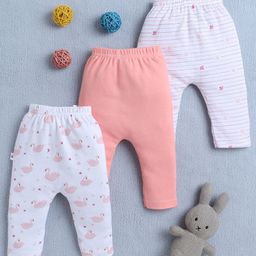 BUMZEE Cotton Pack Of 3 Striped & Swans Printed Diaper Leggings - Peach & White-image-5