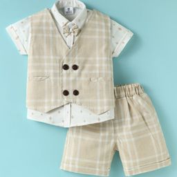Mini Taurus Sinker Knit Half Sleeves Checkered 3 Piece Party Suit with Bow - Beige-image-15