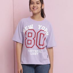 Lil Tomatoes Cotton Half Sleeves New York Text Printed Top - Lilac-image-56