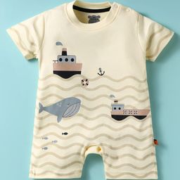 Mini Taurus Cotton Knit Half Sleeves Romper With Nautical Theme Print - Cream-image-99