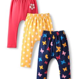 Babyhug Cotton Knit Full Length Diaper Pants With Floral Polka Dots & Butterfly Print Pack Of 3 - Navy Blue Yellow & Dark Pink-image-68