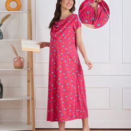 Bella Mama Cotton Knit Half Sleeves Nighty with Concealed Zipper & Floral Print - Pink-picture-26