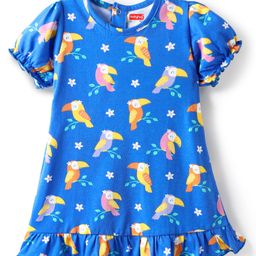 Babyhug Cotton Knit Half Sleeves Nighty With Bird Print & Frill Detailing - Blue-image-2