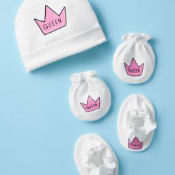 Ben Benny 100% Cotton Knit Cap Mitten & Booties Set With Crown Print White - Diameter 10 cm-picture-14
