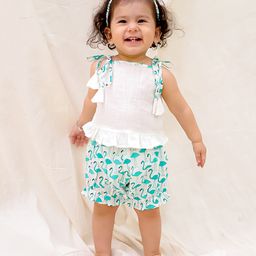 BownBee Cotton Sleeveless Flamingos Printed Jhabla & Shorts With Headband Set - White-image-65