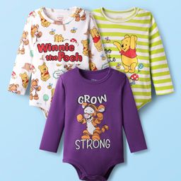 Babyhug Disney Interlock Knit Full Sleeves Onesies with Winnie The Pooh Graphics Pack of 3 - White Purple & Light Green-image-34