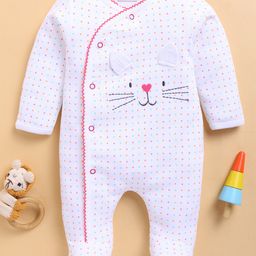 Wonderchild Interlock Woven Full Sleeves Polka Dots Printed & Bunny Embroidered Sleepsuit - White-image-15