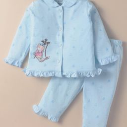 CUCUMBER Sinker Knit Full Sleeves Night Suit With Animal & Nautical Theme Print - Light Blue-image-22