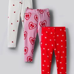 Bonfino 100% Cotton Knit Full Length Heart & Bow Printed Leggings Pack of 3 - Red Light Pink & White-picture-3