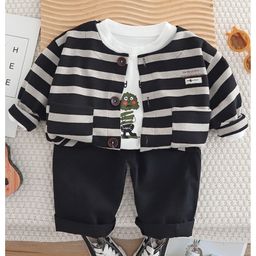 Googo Gaaga Cotton Knit Monster Printed Tee & Trousers With Full Sleeves Striped Light Winter Sweater Set - Black-picture-33